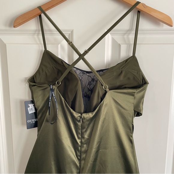 Guess Women’s Olive Satin Slip Dress Cross Back Straps Lace Trim Detail Cocktail - Picture 7 of 16
